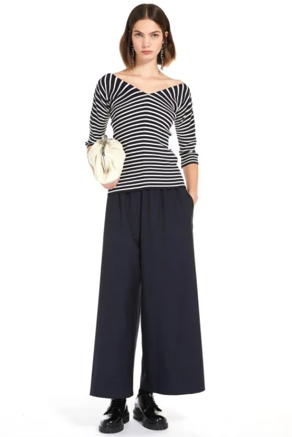 Weekend MaxMara Elmo Wide-Fit Stretch Wool Trousers - Navy | Trousers And Playsuits