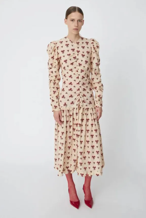 Stella Nova Midi Dress with Allover Bow Print - Latte | Dresses