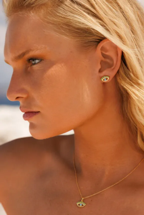 Caroline Svedbom Petite Greek Eye Earrings - Gold/Green Blue | Jewellery