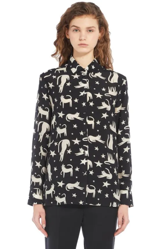 Weekend MaxMara Tabella Silk Crepe de Chine Shirt - Black Cat Print | Shirts And Tops