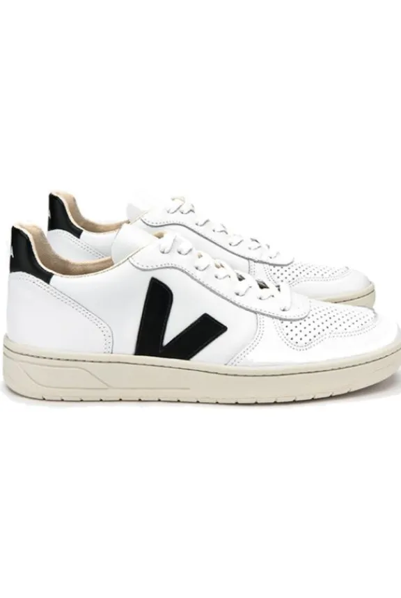 Veja V-10 Leather Trainers - Extra-White & Black | Veja
